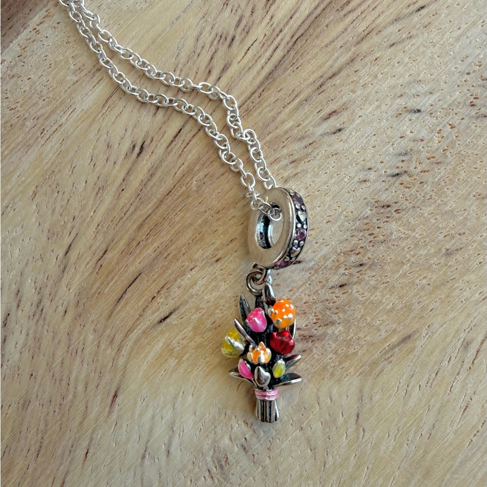 Sterling Silver Enamel Flower Bouquet Pendant Necklace
